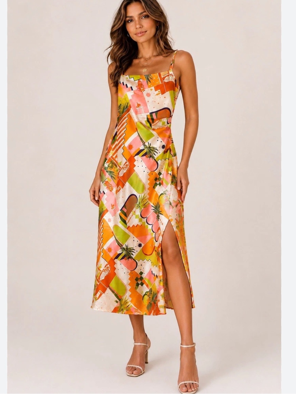 NWT House of Harlow 1960 Orange Floral Satin Midi Slip Dress XS